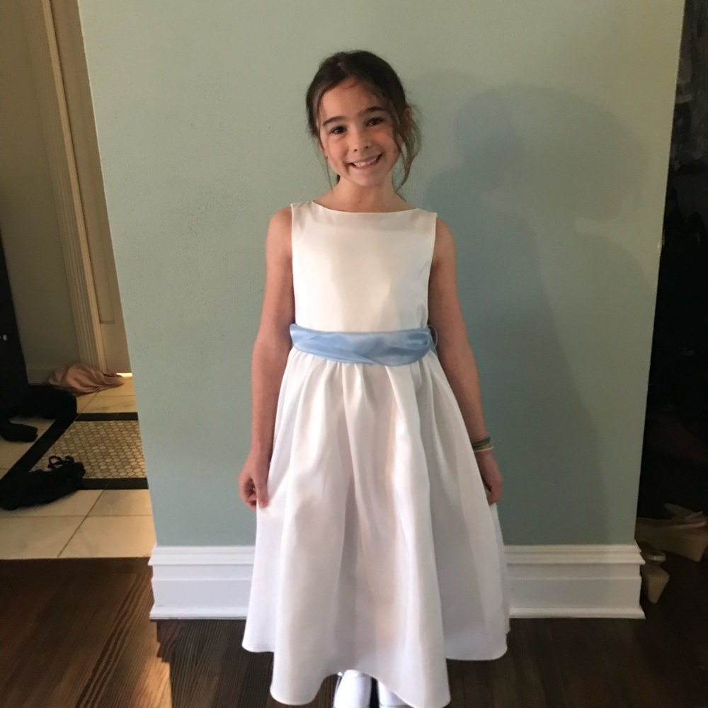 Elegant White Dress with Blue Sash